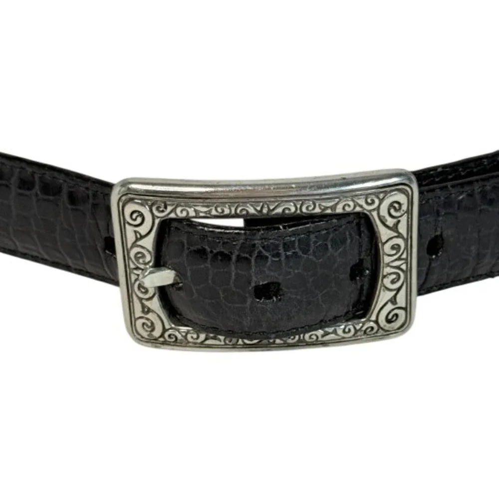 Brighton Black Croc Embossed Leather Belt Silver Scroll Buckle Size Large 30